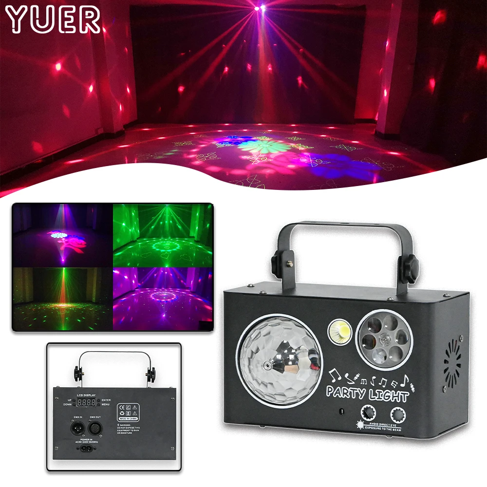 

YUER LED 4IN1 LED Gobo Strobe Dyeing Magic Ball Patterns Laser Projector DMX Stage Effect Lighting DJ Disco Party Dance Wedding