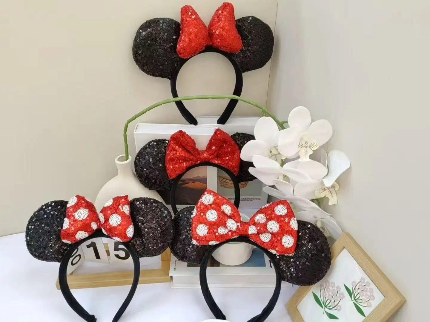 Disney Princess Hair Accessory Mickey Sequins Polka Dots Butterfly Tie Hair Headband Amusement Park Cute Accessory