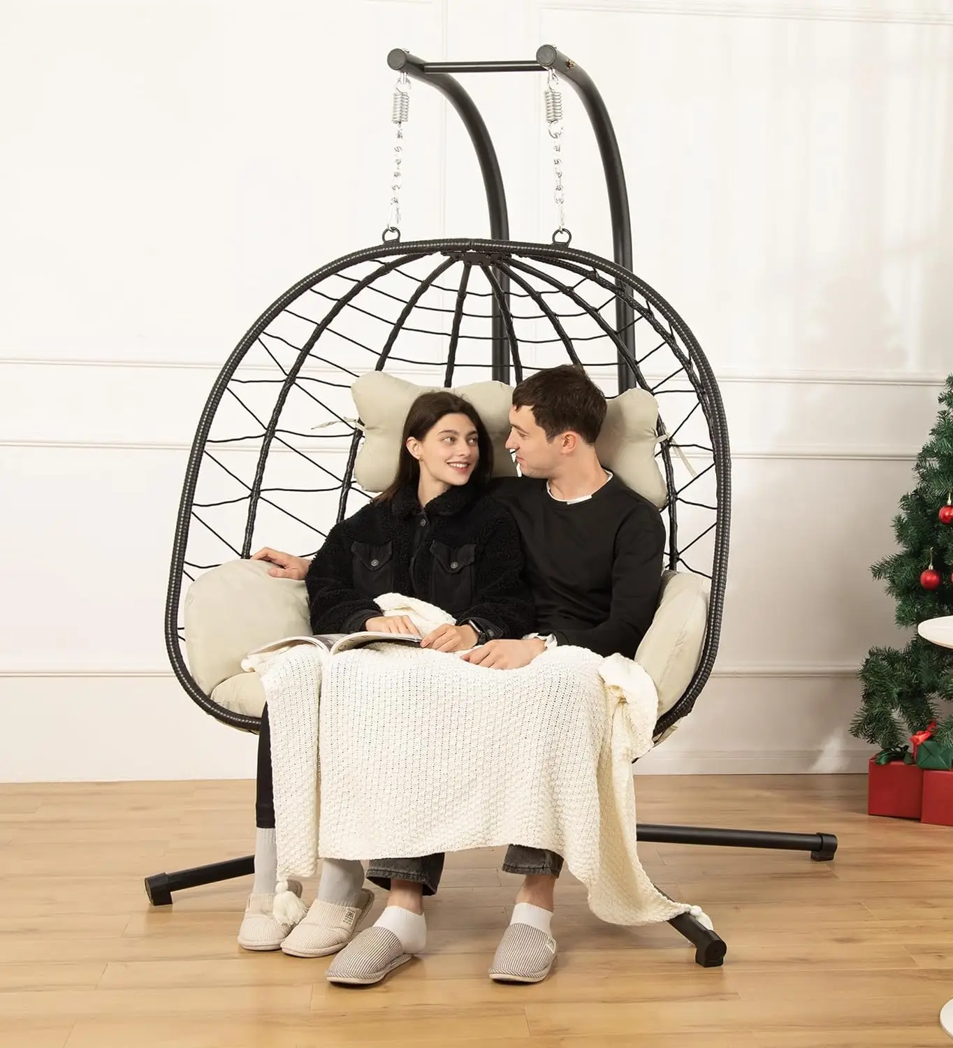 

Double Egg Chair wth Stand Hammock Swing Chair Foldable Hanging Loveseat, UV Resistant Removable Cushions, 700LBS Capacity