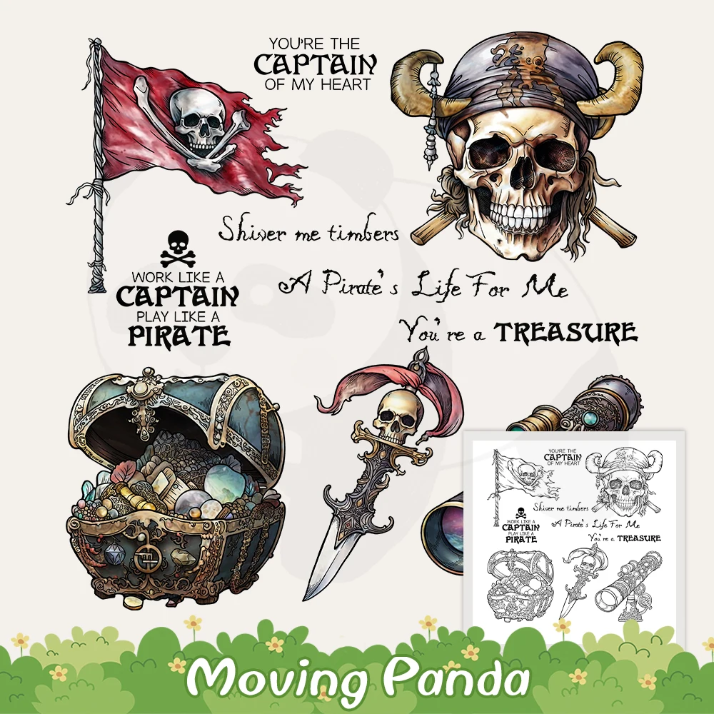 

Skull Pirate Treasures Telescope Halloween Cutting Dies Clear Stamp DIY Scrapbooking Metal Dies Silicone Stamps For Cards Albums
