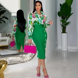 Green African Dresses For Women 2 Piece Skirt Sets Nigeria Turkey Africa Clothes Office Lady Dashiki Ladies Ankara Female Dress