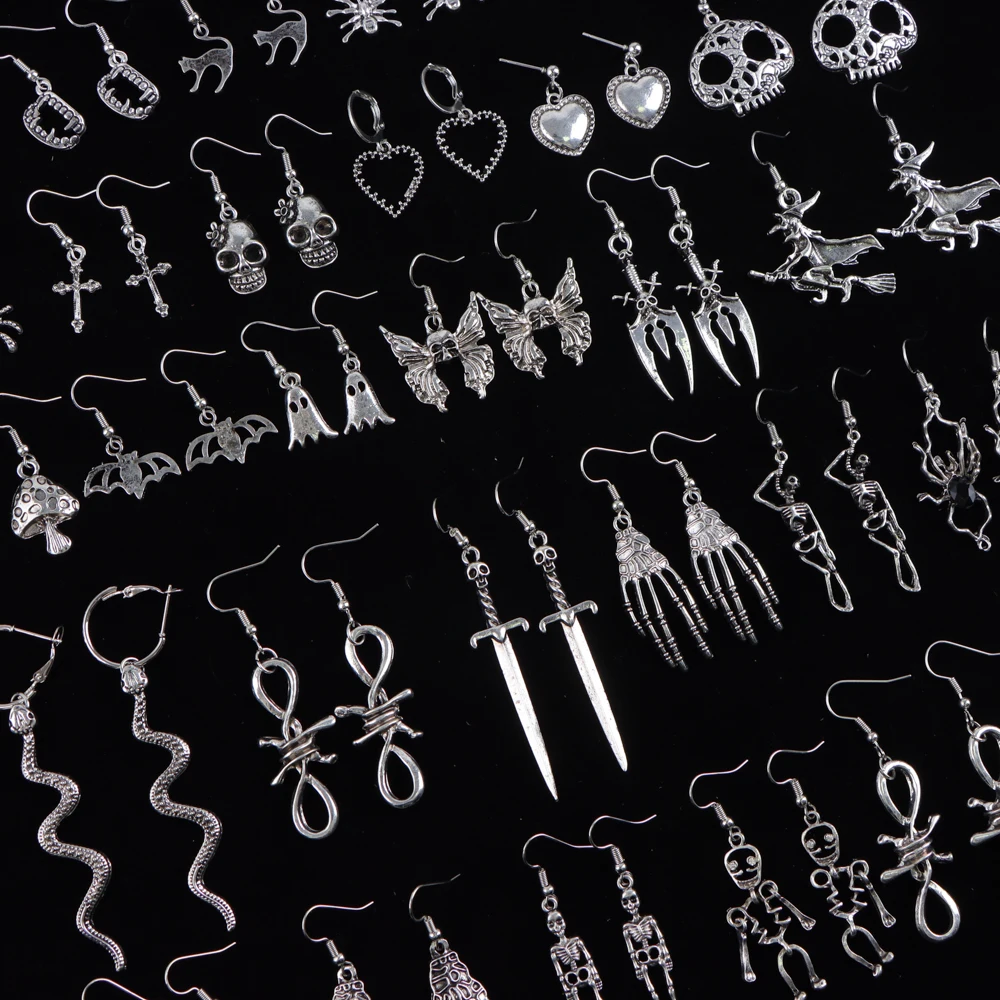 Dangle Earrings Drop Earrings 20Pairs/Lot Punk Gothic Skull Heart Drop Dangle Earrings For Women Female Retro Fashion Hip Hop Mix Style Jewelry Party Gifts