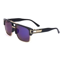 Luxury Stylish Men's Designer Square Metal Sunglasses - Classic Fashion UV400 Alpha Shades (Blue Film Mirror)