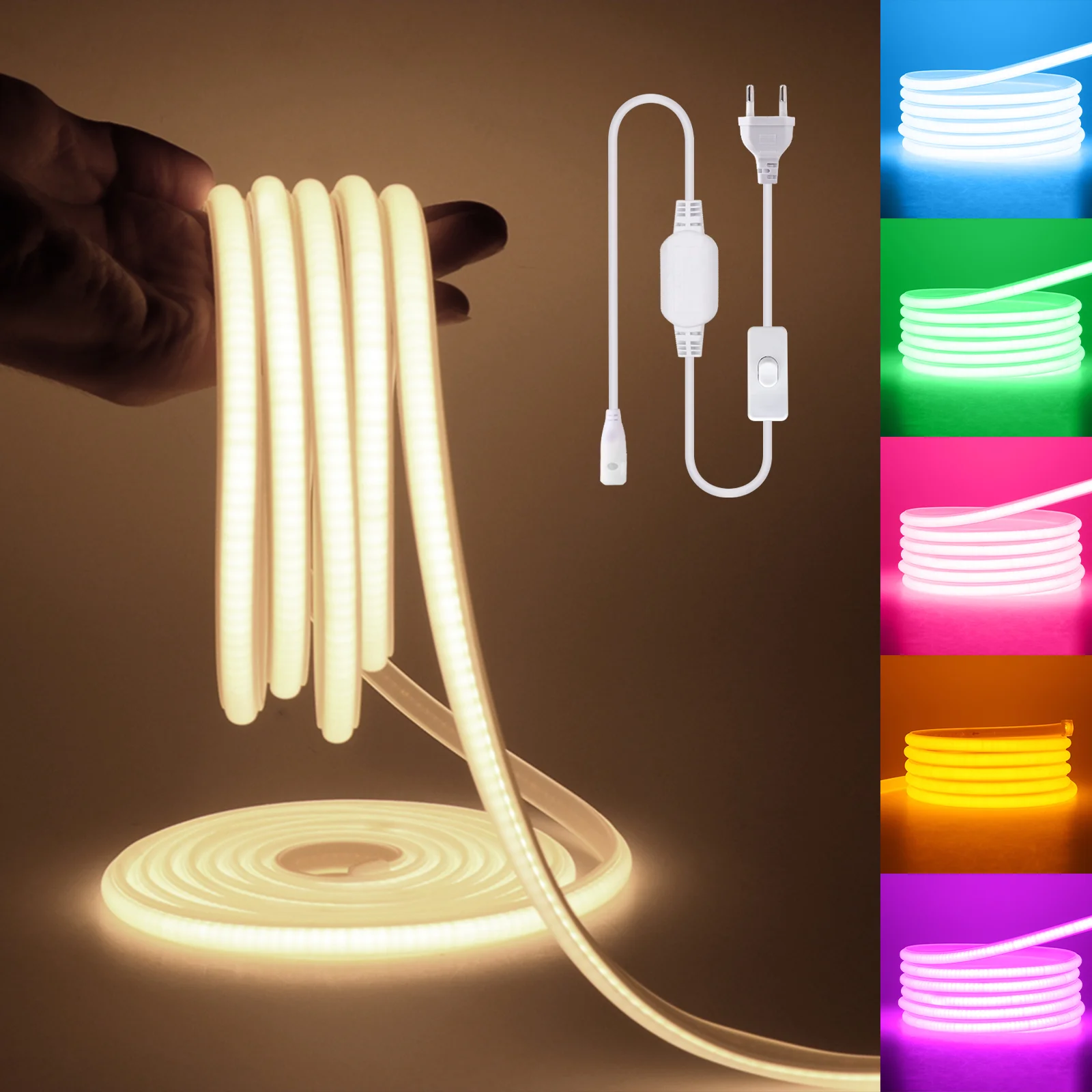 COB LED Strip Light with Switch EU Plug 220V Super Bright 288Leds/m Waterproof Flexible Silicone Neon Strip Soft Ribbon LED Tape