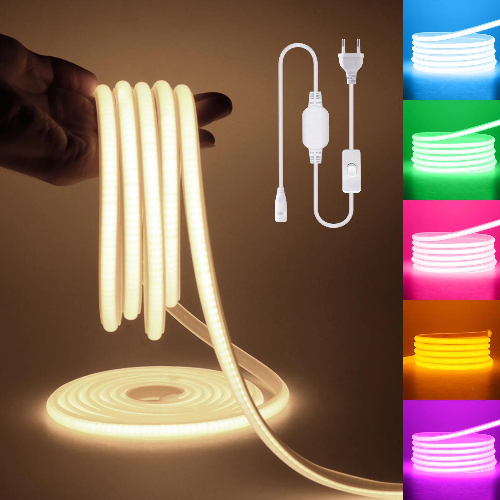 COB LED Strip Light with Switch EU Plug 220V Super Bright 288Leds/m Waterproof Flexible Silicone Neon Strip Soft Ribbon LED Tape led strip 5050 220v waterproof flexible light 60led m super bright led ribbon with power plug 1m 2m 5m 10m 20m 25m 50m 100m