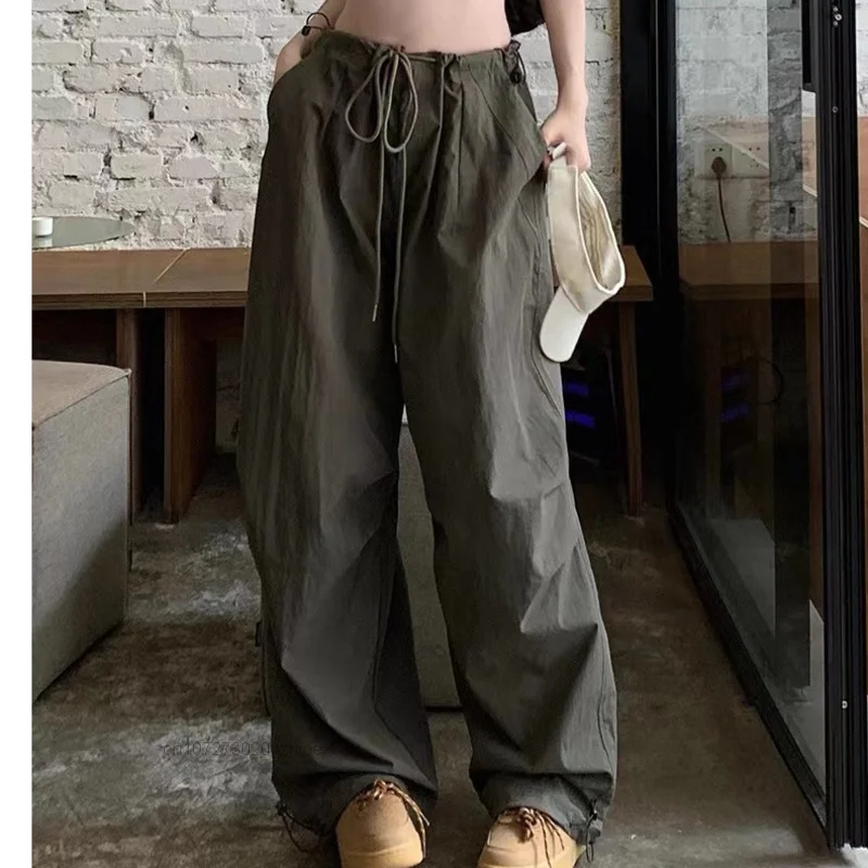 Women Joggers Techwear Parachute Pants Harajuku High Waist Drawstring Baggy Trousers Y2K Fashion Wide Leg Cargo Pants Streetwear