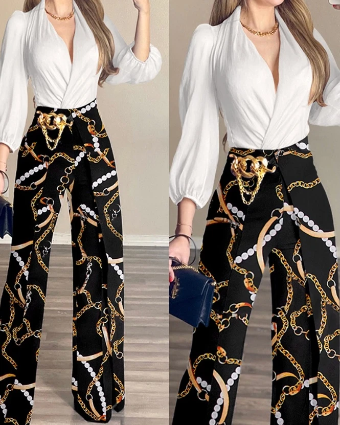 Women Casual Simple Fashion Pants Sets 2023 New Popular Chain Printed High Waist Fake Elegent and Comfortable Two Piece Pants