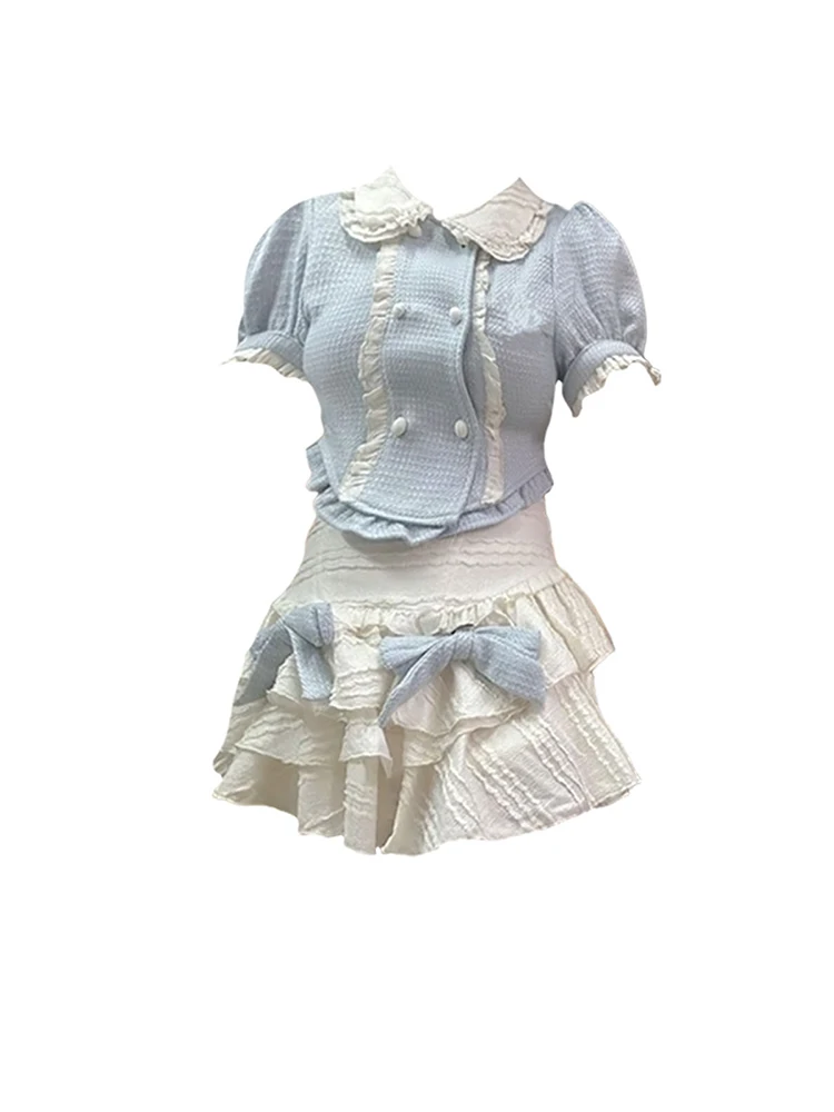 여성용 귀여운 코어 생일 레이브 의상 2 종 세트, 2000 년대 미적인 반팔 크롭탑 및 미니 프릴 스커트, Gyaru Y2k 