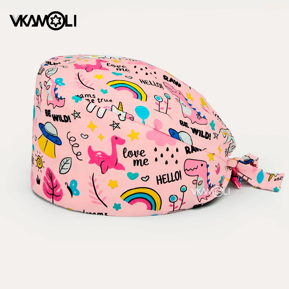 Boné cirúrgico hospitalar estampado série dinossauro dos desenhos animados chapéus reutilizáveis proteção anti-poeira bonés respiráveis capa