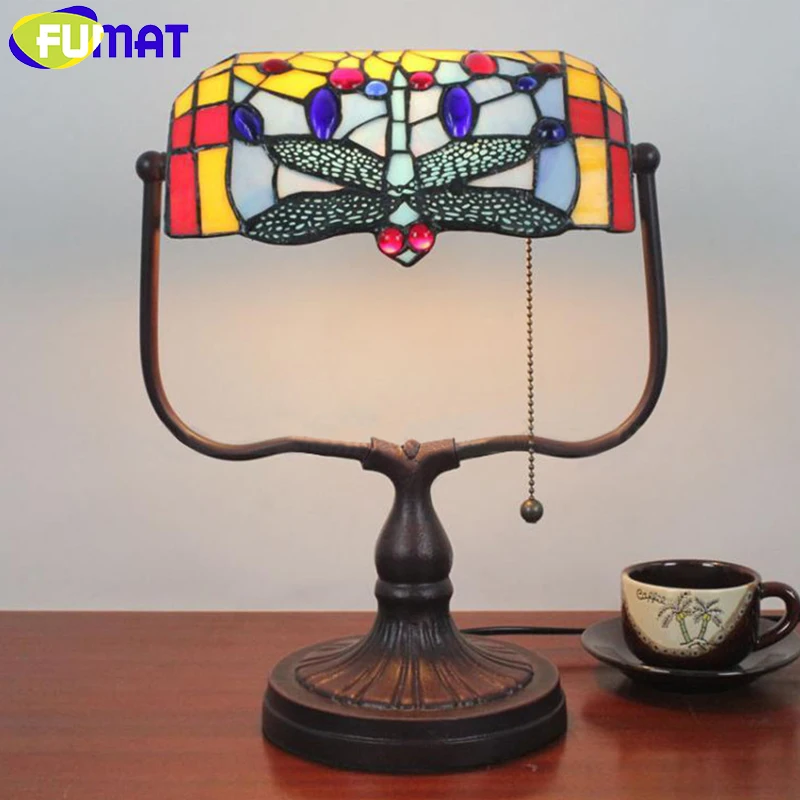 

FUMAT Dragonfly Table Lamp Flower Stained Glass E27 LED Bedroom Bedside Table Lamps Bank Tiffany Style Home Art Deco Desk Light