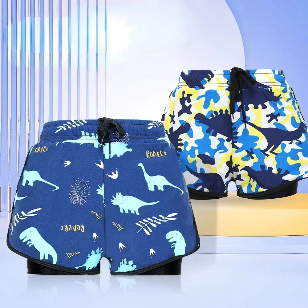 

Children's Swim Trunks Youth Boys Middle and Teenage Kids Double Layer 2024 New Swim Shorts Summer Cartoon Beach Boxer Full Set