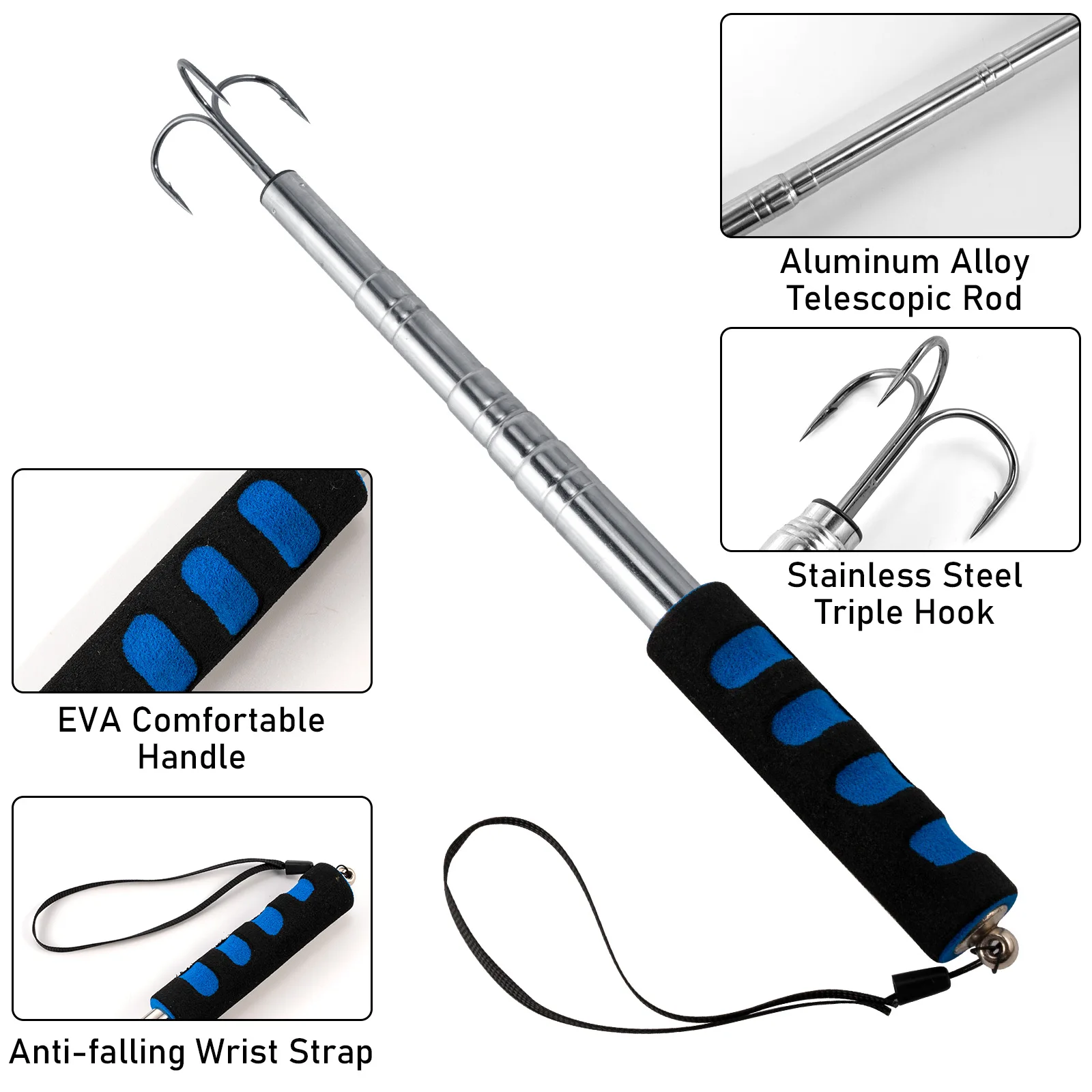 Better Leader Fishing Gaff, Fiberglass Shaft with 3 Stainless Steel Fishing Hook, Anti-Slip Handle Rust-Resistant and Multi-Purpose Tool for