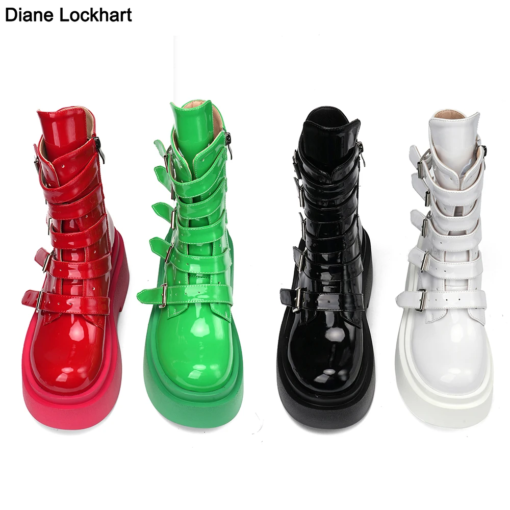 

Motorcycle Boots For Women Platform Wedges Ankle Boot women's Shoes Brand New 2024 Buckle Strap Booties Fashion Goth Green