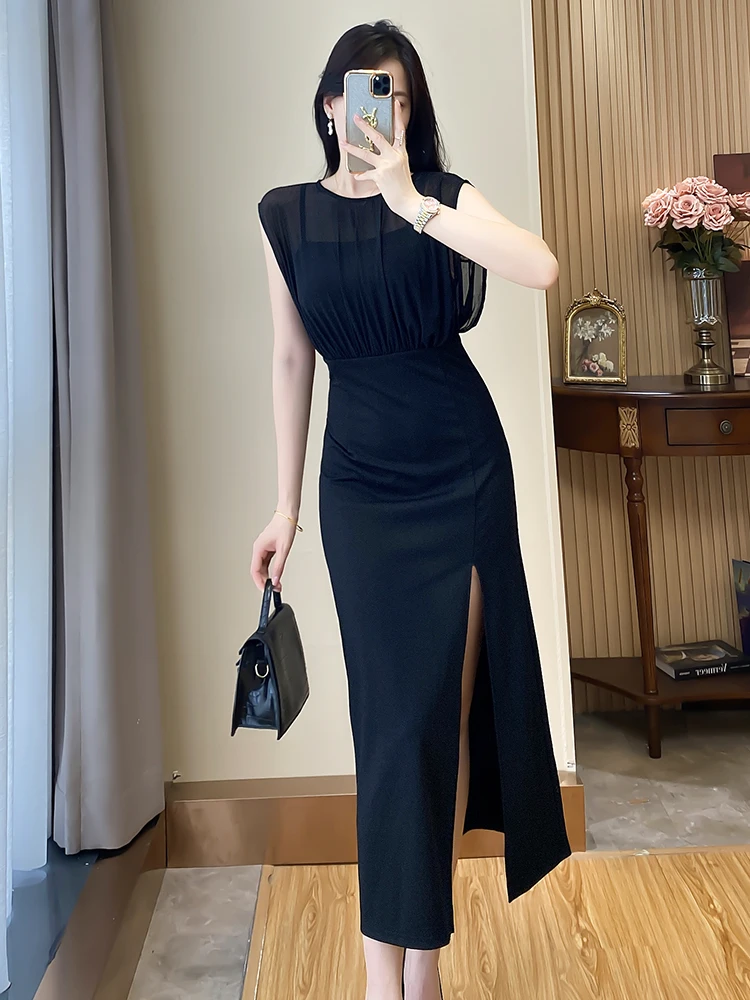 

Black High Waist Slim Long High Split Dress 2023 Summer Fashionable Hepburn Dress