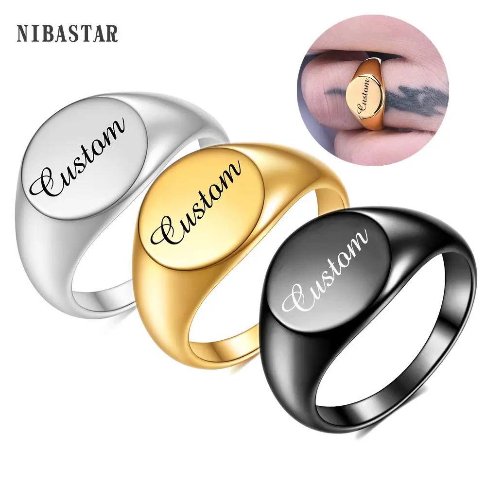 Personalised Initial Engrave Custom Stainless Steel Round Signet Blank Plain Ring Band High Polished U.S.Size