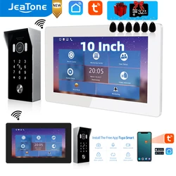 Jeatone 와이파이 비디오 인터콤 풀 터치 스크린 모니터, 960P 비디오 초인종, 투야 스마트, RIFC 코더, 비밀번호 잠금 해제, 10 인치