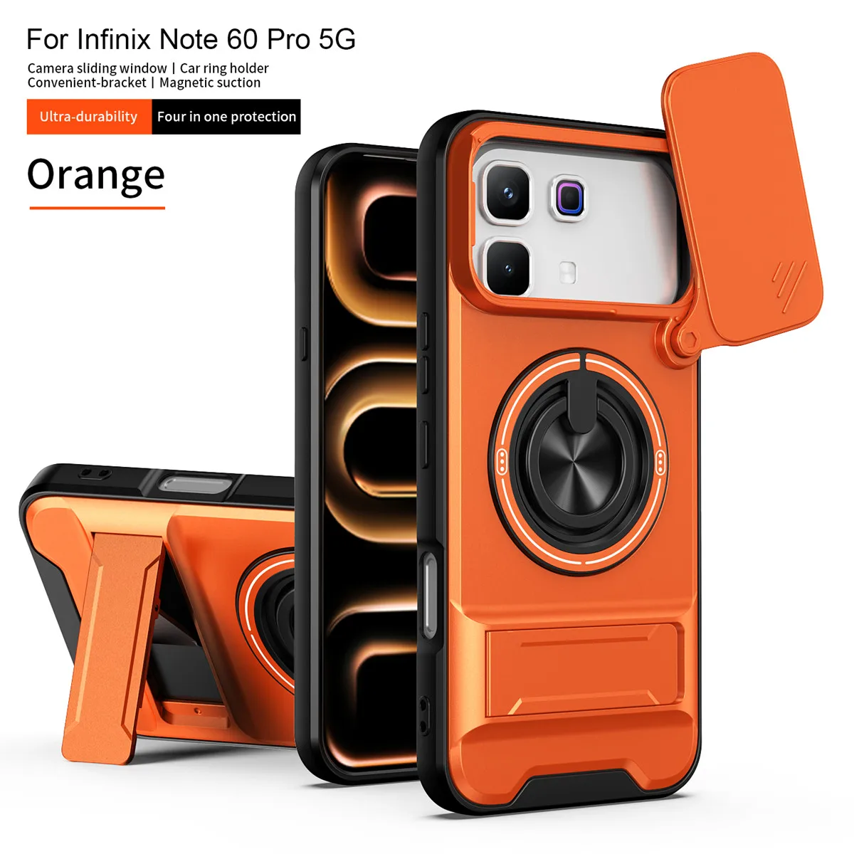 Armor  Shockproof Case with Slide Lens Protector and Magnetic Ring Holder