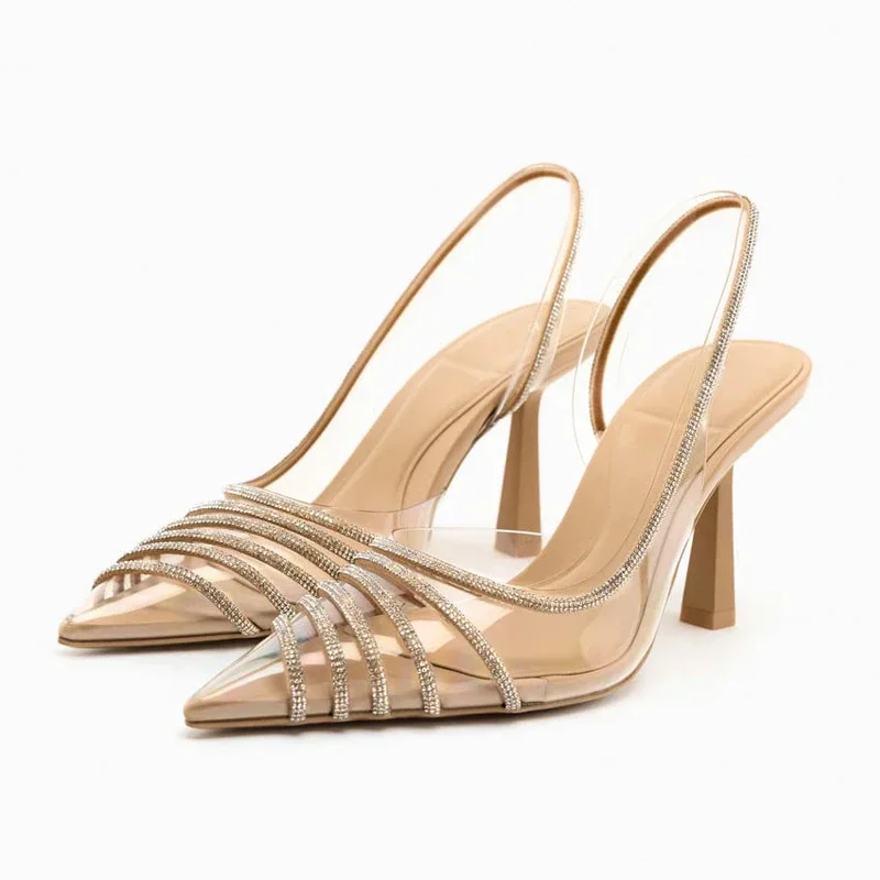 Summer Women's Shiny Rhinestone Pointed End High Heels Sandals Fashion Transparent PVC Woman Pumps Sexy Slingback Woman Shoes