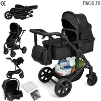 Poussette 3 en 1 haute performance avec nacelle et siège auto, système de voyage léger en aluminium, pliage à une main, siège réversible, roues amortissantes, grand panier de rangement, capote anti-UV, coussin confortable pour nouveau-né, idéal pour l'extérieur 1