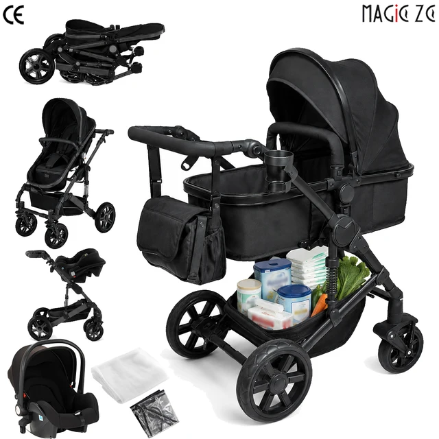 Poussette 3 en 1 haute performance avec nacelle et siège auto, système de voyage léger en aluminium, pliage à une main, siège réversible, roues amortissantes, grand panier de rangement, capote anti-UV, coussin confortable pour nouveau-né, idéal pour l'extérieur 1