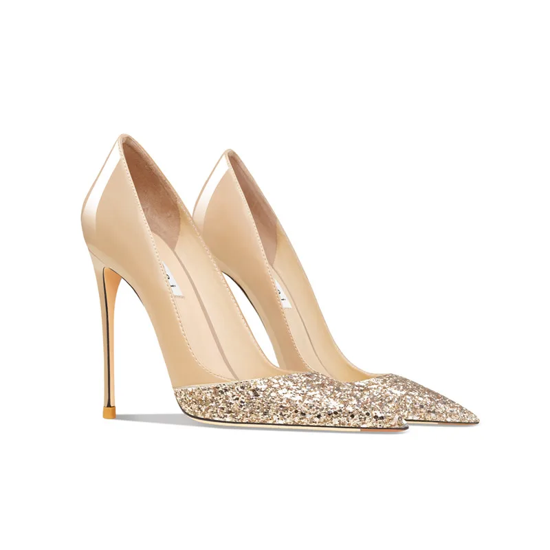 Celebrity Elegant Pumps with Sequins Sparkle Nude Bright Patent Leather Sheos with Shallow Pointed Toe Women Dress High Heels