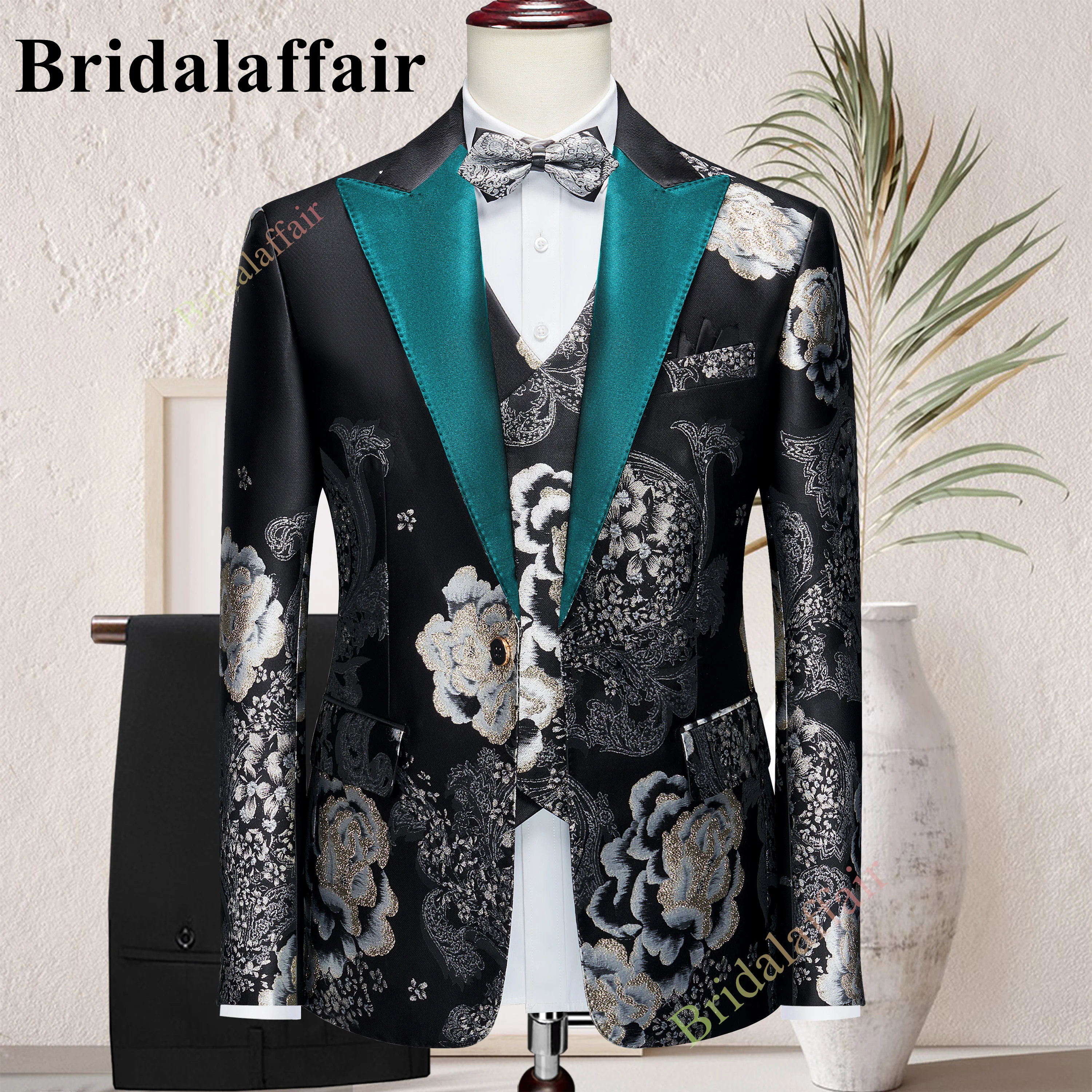 

Bridalaffair, 3 предмета, высококачественные черные элегантные костюмы из ткани + брюки + жилет, брендовая облегающая строгая Деловая одежда на одной пуговице