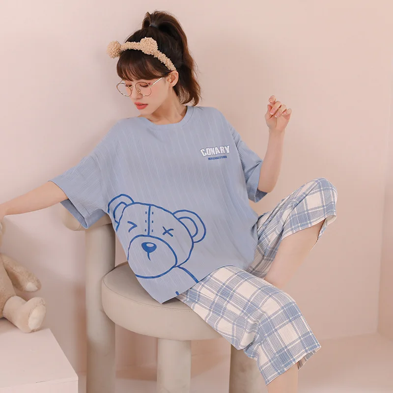 New Arrivals Cotton Short Sleeve Summer Short Sleeved Women Pajamas Set Pyjamas Women Sleepwear Cute Crew Neck Suit homewear