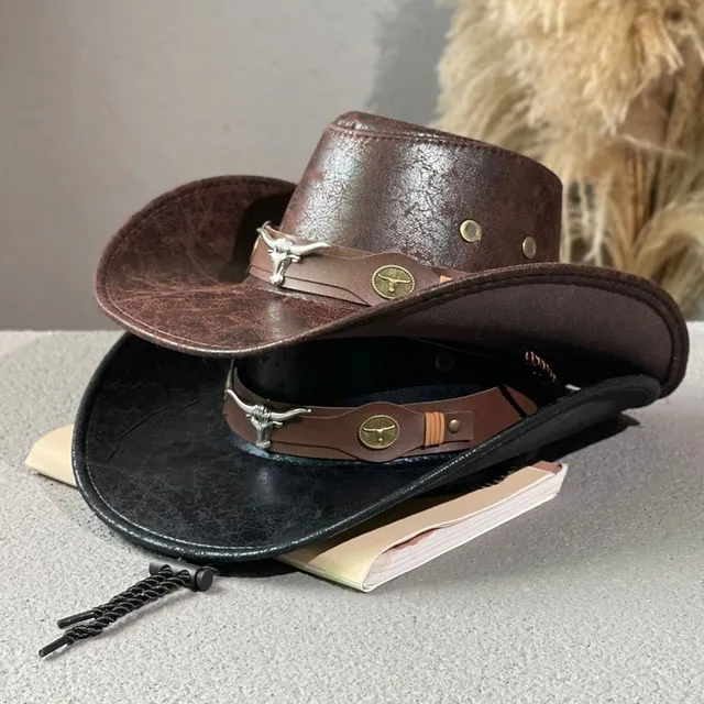 Women Men Faux Leather Western Cowboy Hats Cow Head Decorate Vintage Rider Panama Cowgirl Jazz Cap Sombrero Hombre 2