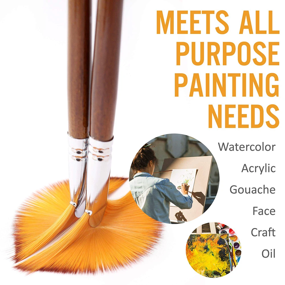 Artist Fan Paint Brushes Set 9pcs - Soft Anti-Shedding Nylon Hair Wood Long Handle Paint Brush Set for Acrylic Watercolor Oil 5
