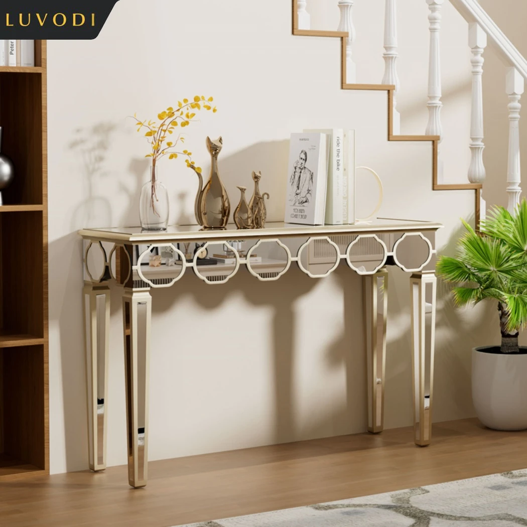 LUVODI Modern Glass Console Table Furniture Room Decor Entryway Mirrored Table With Gold Rim Lantern-like Edge