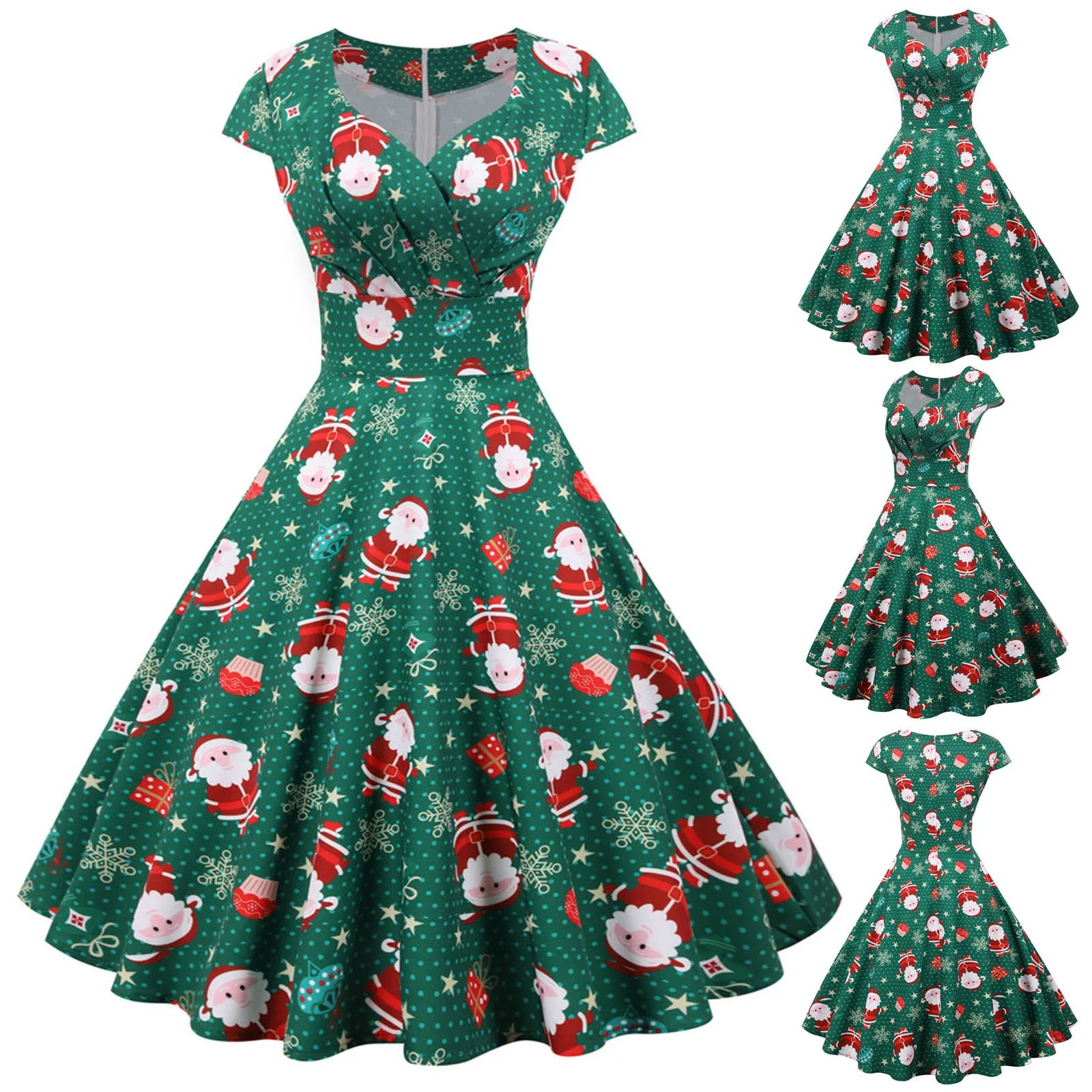 

Plus Size Women Vintage Short Sleeve Christmas 1950s Housewife Evening Party Prom Dress New Fashion Simple Versatile dress