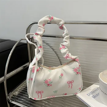 Borsa da donna 2025 Borse da ascella pieghettate in tela estiva Borsa da ascella coreana con fiocco floreale stampato con cerniera Borsa a tracolla piccola femminile 1