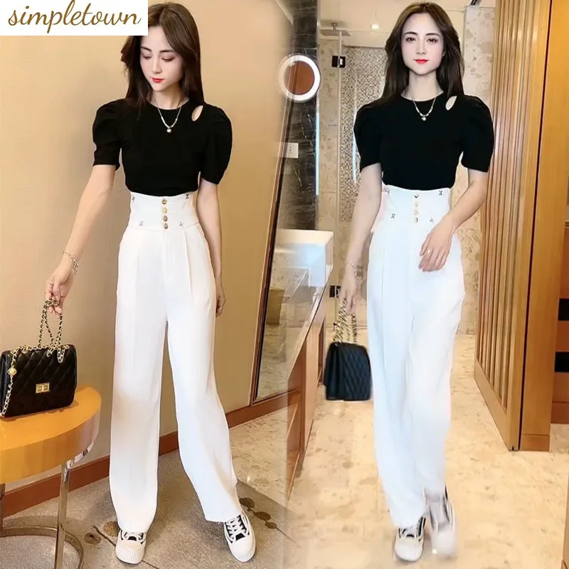 2023 Temperament Fashion Set Versatile Fit Off Shoulder Short Sleeve Small Shirt High Waist Straight Trousers Two Piece Set lxunyi europe autumn new stretch jeans for women high waisted thin temperament skinny slim washed denim trousers sexy hip jeans