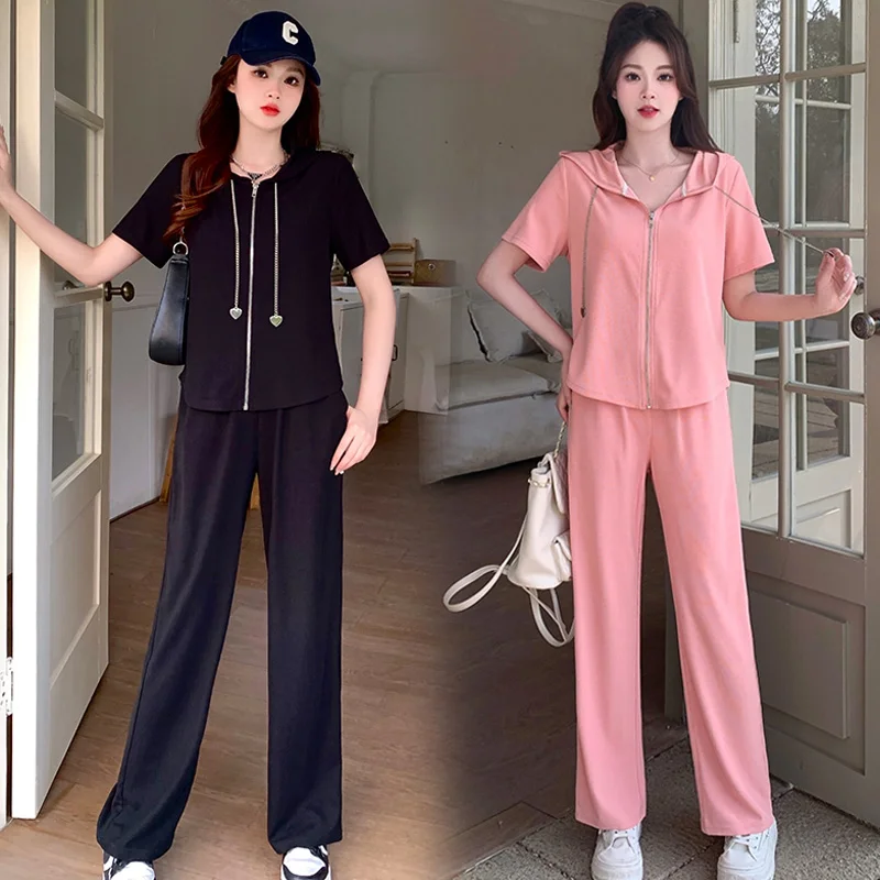 

Женский спортивный комплект из двух предметов, кардиган с коротким рукавом и капюшоном и брюки с широкими штанинами, верхняя одежда из хлопка, весна-лето