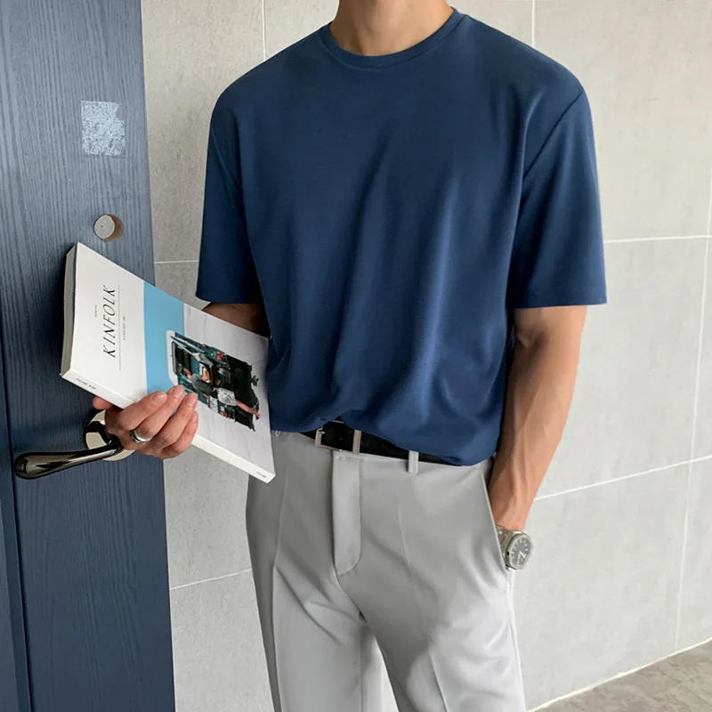 

Футболка мужская хлопковая с коротким рукавом, свободная Базовая рубашка в Корейском стиле, цвет синий, черный/белый, лето
