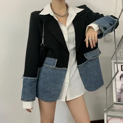 Spliced denim blazer feminino chique nicho topos único botão coreano solto blazer mujer 2022 primavera casual blazer