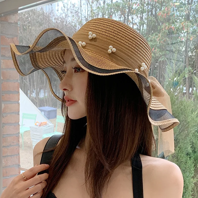 

2023 Summer Pearl Brim Straw Hat For Women Girls Lace Mesh Brim Beach Cap Outdoor Sunscreen Sunhat Casual Panama Cap