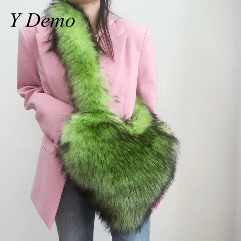 

Y Demo Harajuku Candy Color Crossbody Heart Shaped Shoulder Bag Fuzzy Soft Big Bag Hiphop