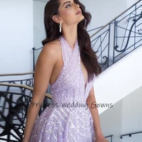 Customized Luxury Halter Neck Evening Dress A-Line Long Backless Sleeveless Formal Prom Ball Gowns Beading Sequined Party Gown 3