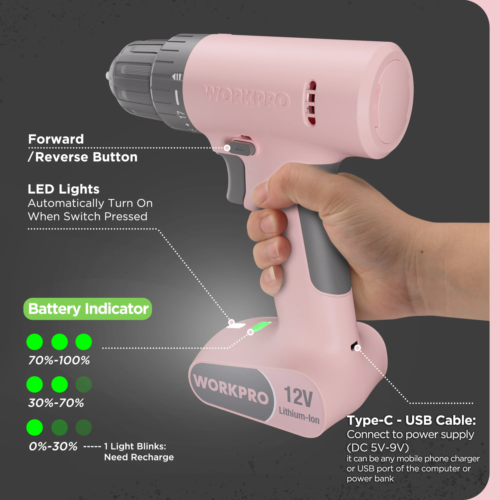 WORKPRO 무선 드릴 드라이버 세트, 12V, 핑크, 화이트, 17 + 1 기어 비틀림 조정, 전력 드릴 도구 키트