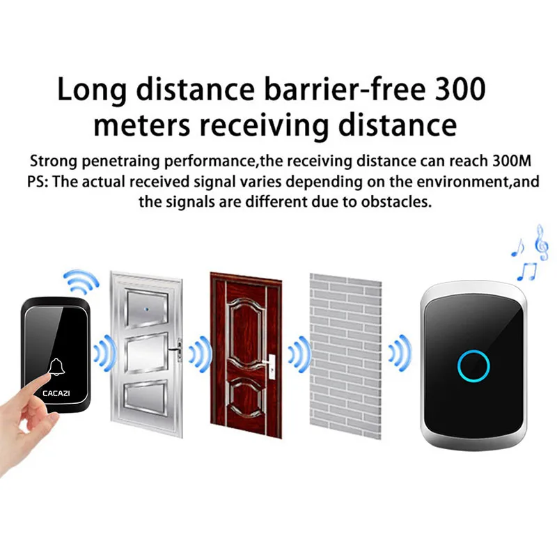 CACAZI Waterproof Wireless Doorbell No Battery 300M Long Distance Outdoor Smart Home Adjustable Welcome Ring and Volume DoorBell