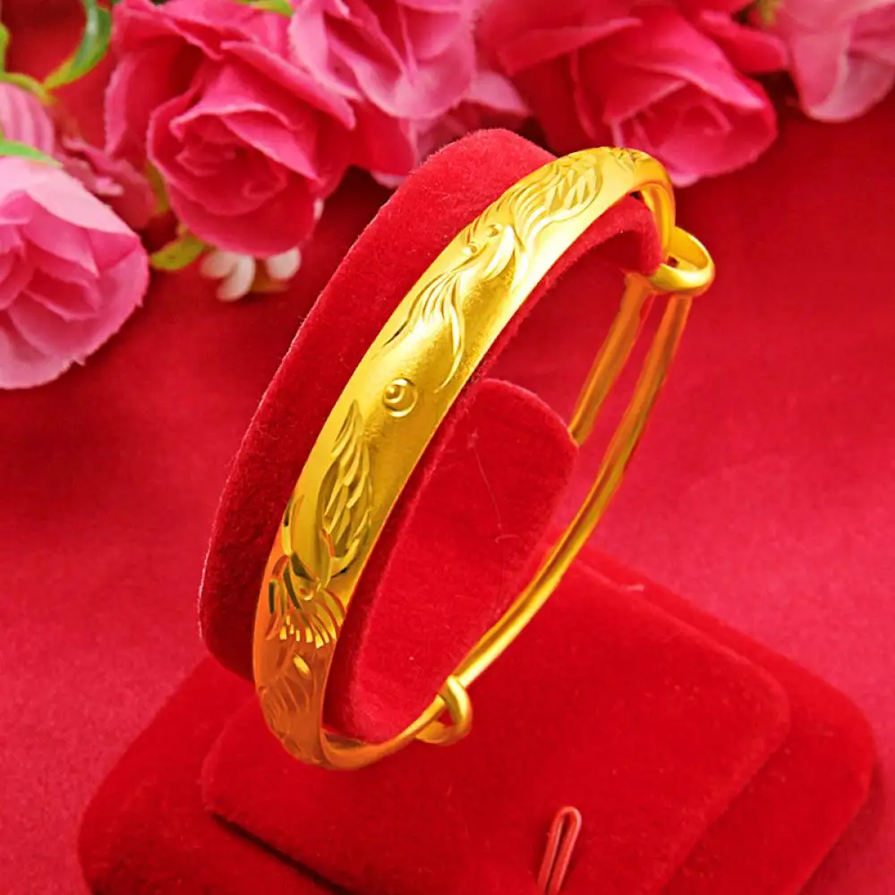

HOYON Pure 14K Gold Color Wedding Bracelet women's Open Wide Dragon and Phoenix Bracelet Bridal Wedding got engaged Jewelry