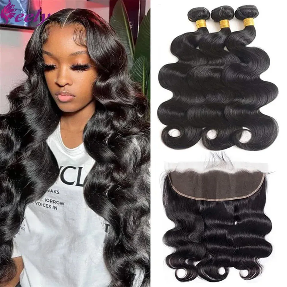 Human Hair Bundles Body Wave Frontal With Bundles Human Hair Brazilian Virgin Hair Bundles With Closures 13x4 Lace Frontal Natural Black For Women