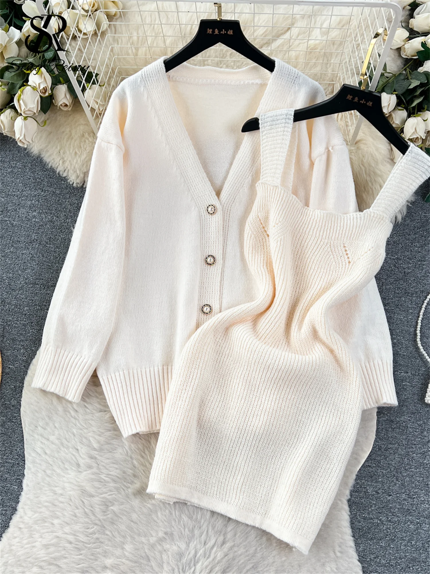 SINGREINY Fashion Korean Style Knitted Suits Casual Loose Cardigan