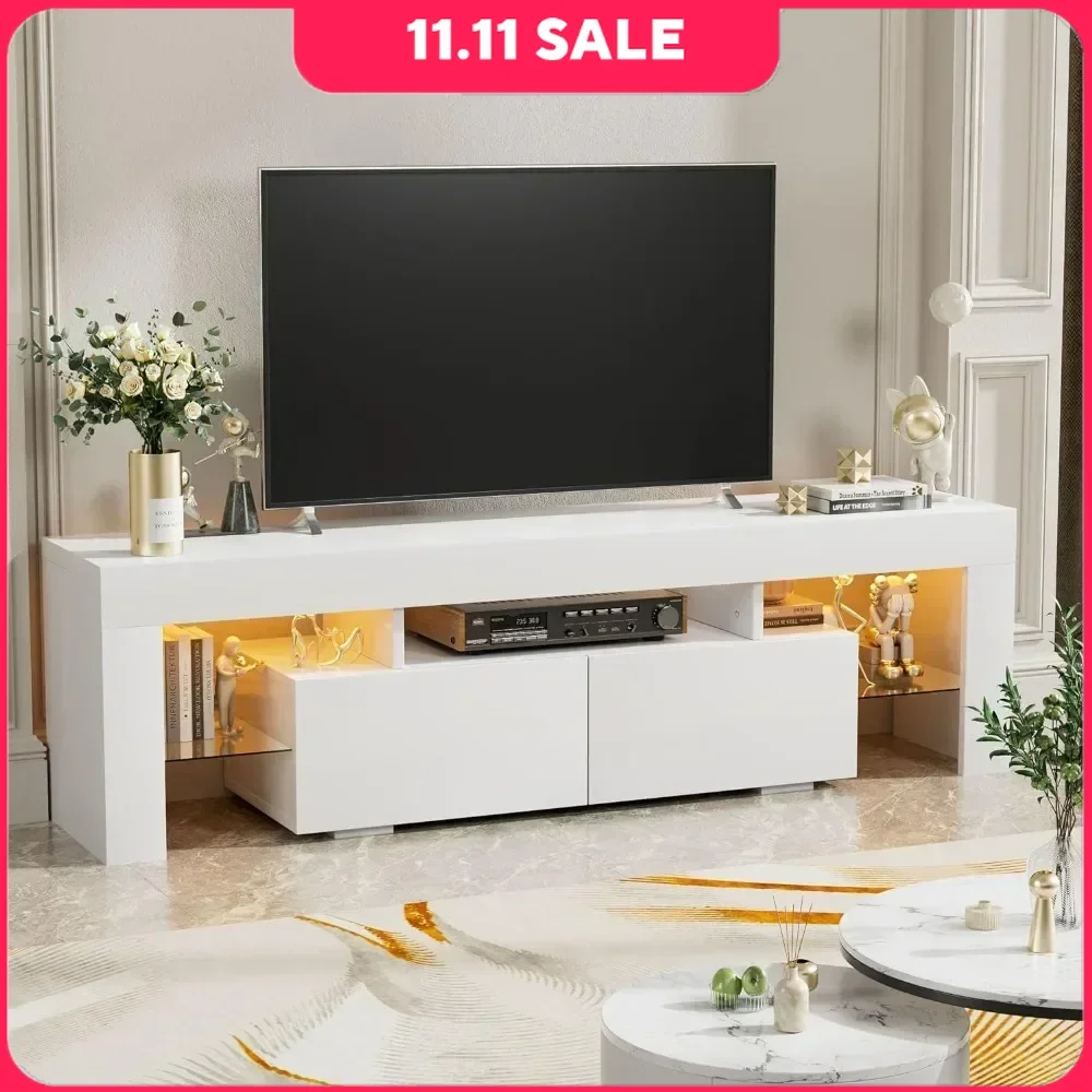 Modern LED TV Stand for Televisions up to 70 Inch with Glass Shelves and Drawer, Gaming Entertainment Center with Multiple