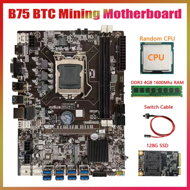 B75 USB BTC Mining Motherboard+Random CPU+DDR3 4GB 1600Mhz RAM+128G SSD+Switch Cable LGA1155 8XPCIE to Board | Компьютеры и офис
