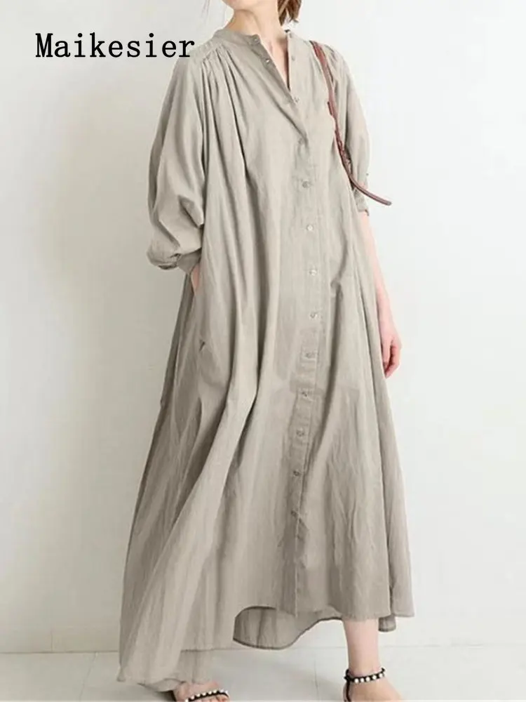 

Spring Summer Plus Size Loose Lapel Single-row Button Cotton Elegant Retro Women's Dress Long Dresses Women Clothing Commute Top