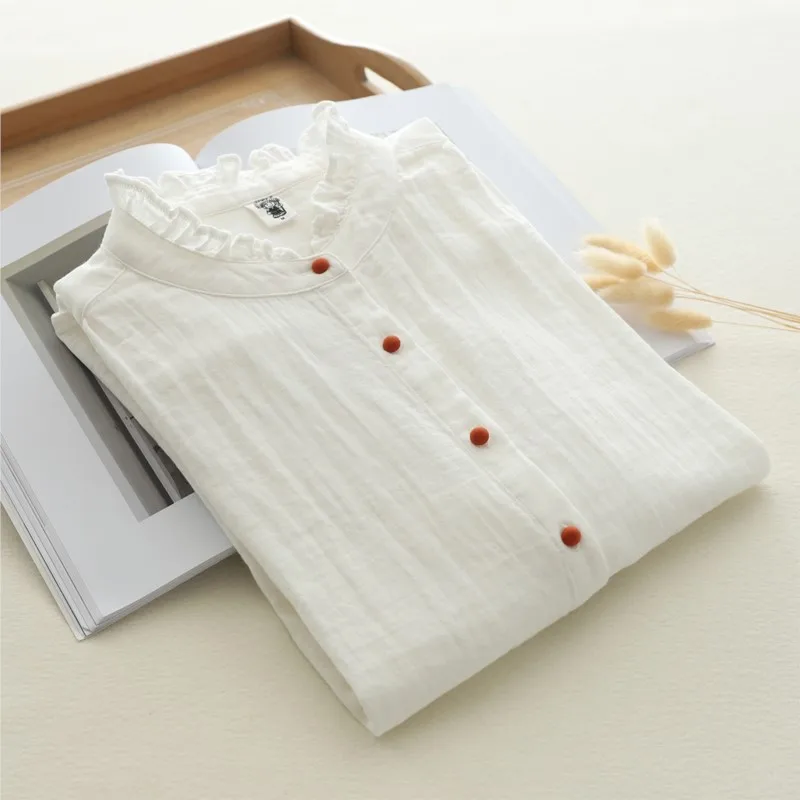 Women White Shirts Lace Stand Collar Double Cotton Yarn Blouses Long Sleeve Color Button Lady Tops Spring New Arrivals