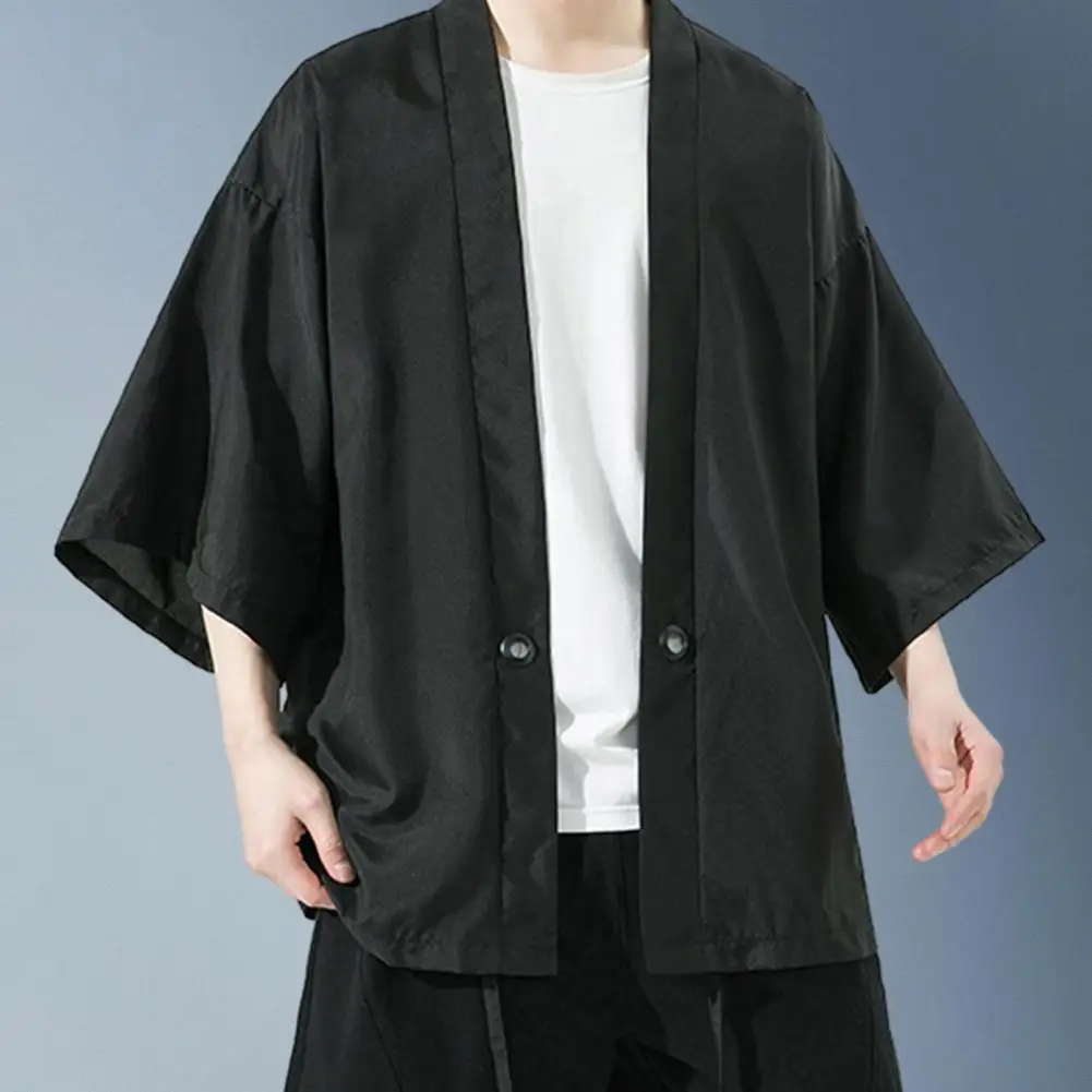 남성용 기모노 가디건 일본 재킷, 캐주얼 코튼 3/4 소매 셔츠, 오픈 프론트 코트, 경량 린넨, 유카타