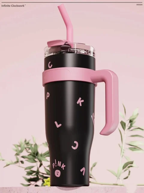 1250ml Kpop Black & Pink Thermal Water Bottle Stainless Steel Tumbler with  Handle Straw Cup Portable Car Coffee Mug Drinkware - AliExpress